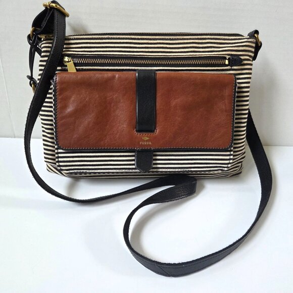 Fossil Purse Kinley Black Striped Canvas Tan Leather Crossbody Bag Boho - Picture 2 of 11